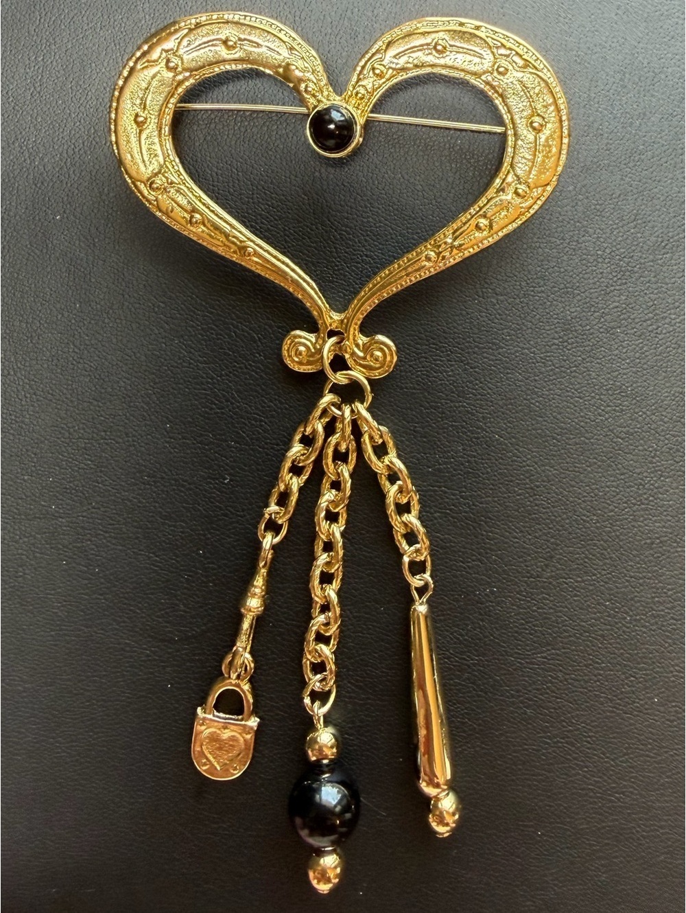 Vintage Gold Tone Open Heart Dangle Brooch w/ Black Bead & Charm Accents [COPY]